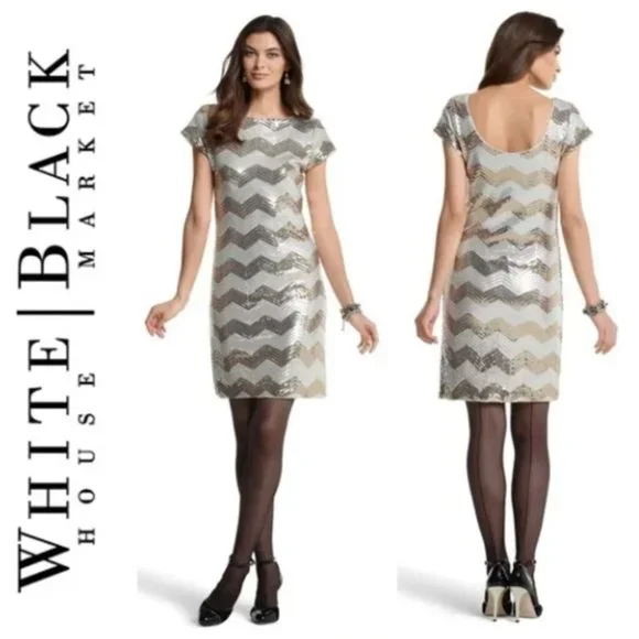 White House Black Market Sequin Dress Gold and Silver Chevron Zig Women’s Medium - Picture 3 of 13